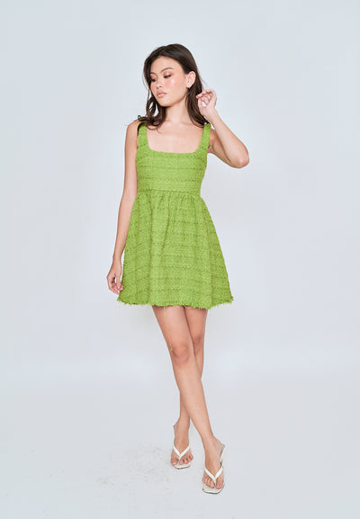 Czaira Green Square Neckline Pleated Sleeveless Dress