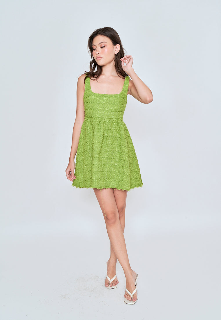Czaira Green Square Neckline Pleated Sleeveless Dress