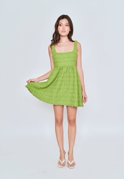 Czaira Green Square Neckline Pleated Sleeveless Dress
