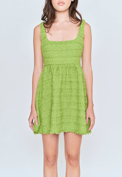 Czaira Green Square Neckline Pleated Sleeveless Dress