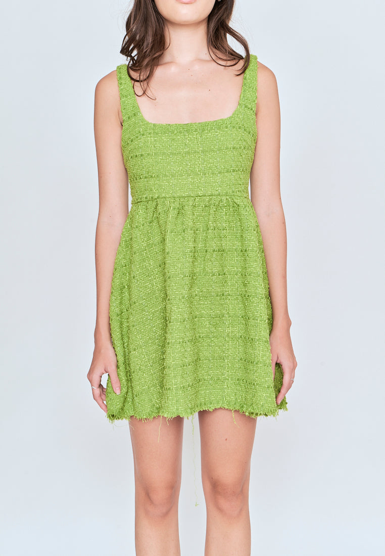 Czaira Green Square Neckline Pleated Sleeveless Dress