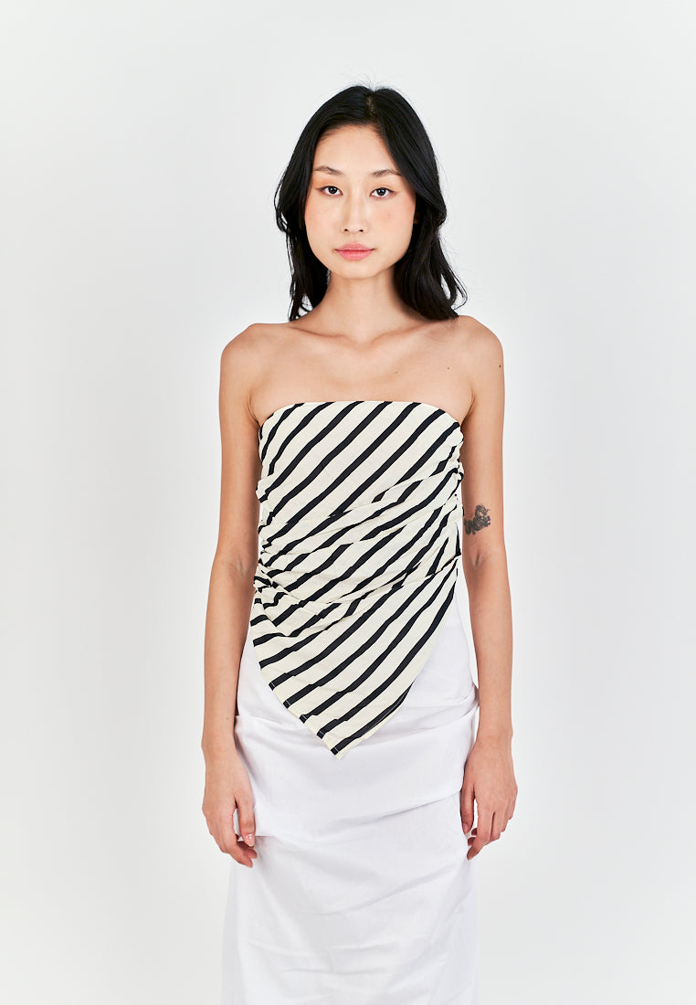 Caprice Black and White Stripes Sexy Back Pleated Side Zipper Tube Top