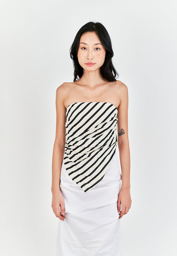 Caprice Black and White Stripes Sexy Back Pleated Side Zipper Tube Top