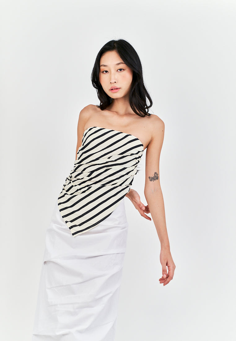 Caprice Black and White Stripes Sexy Back Pleated Side Zipper Tube Top