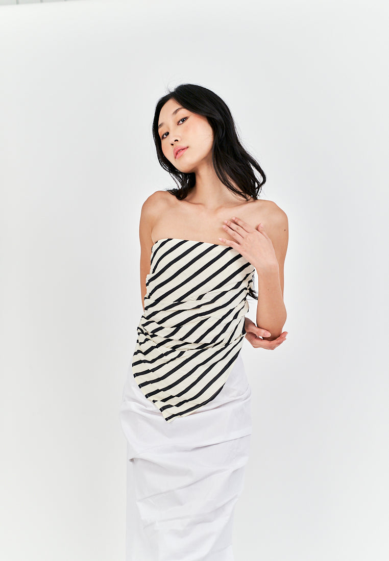 Caprice Black and White Stripes Sexy Back Pleated Side Zipper Tube Top
