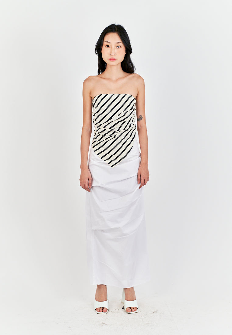 Caprice Black and White Stripes Sexy Back Pleated Side Zipper Tube Top