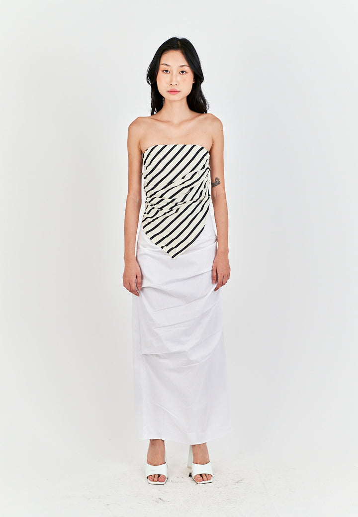 Caprice Black and White Stripes Sexy Back Pleated Side Zipper Tube Top