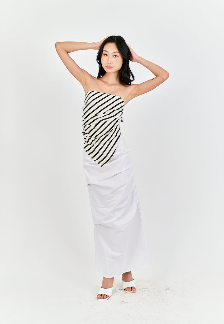 Caprice Black and White Stripes Sexy Back Pleated Side Zipper Tube Top