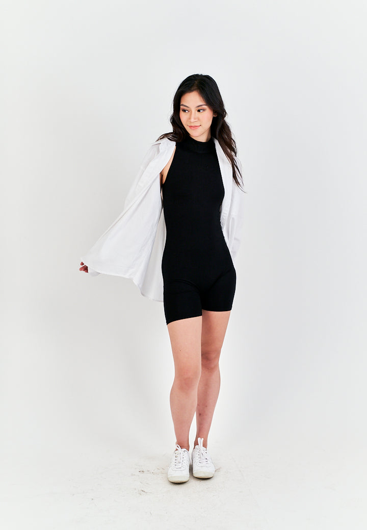 Coreen Black Turtle Neckline Back Zipper Sleeveless Romper