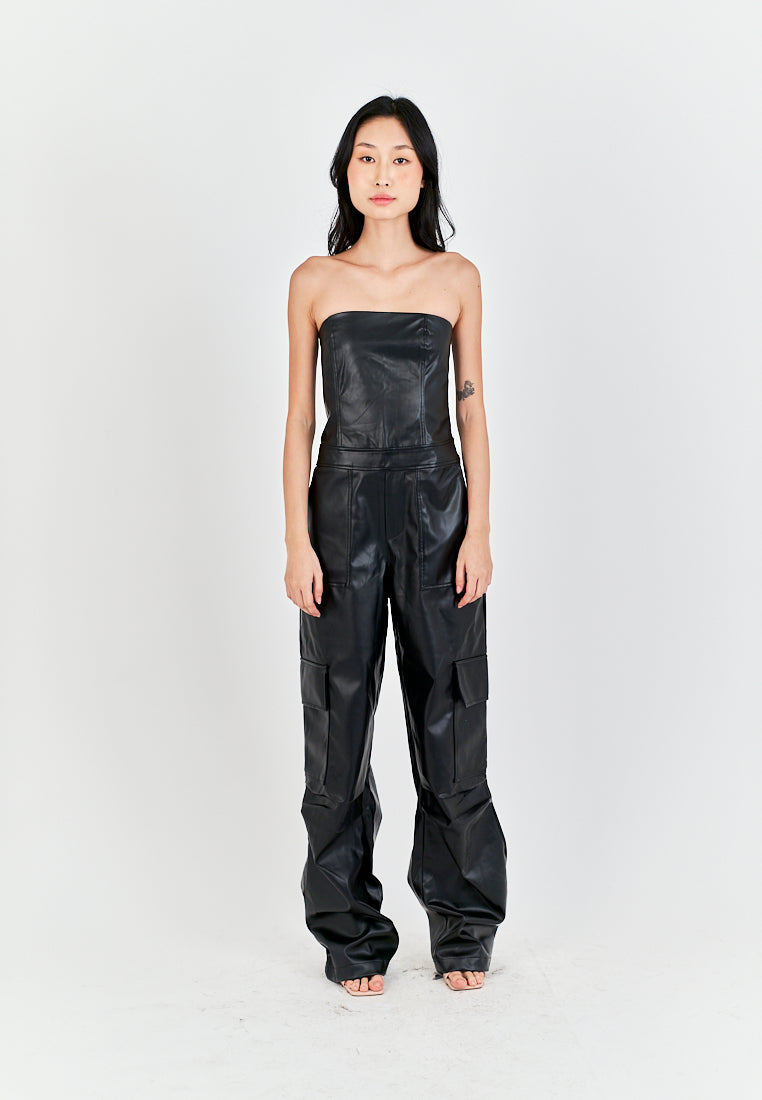 Seymour Black Leather Sleeveless Side Zipper with Pockets Tube Jumpsuit