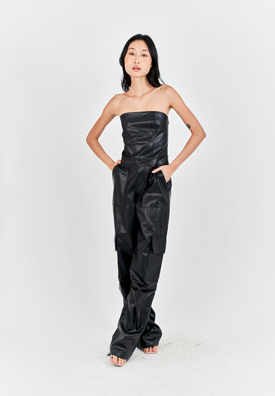 Seymour Black Leather Sleeveless Side Zipper with Pockets Tube Jumpsuit