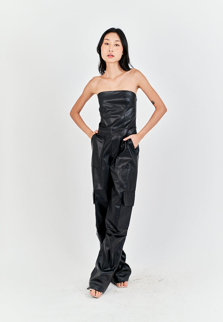 Seymour Black Leather Sleeveless Side Zipper with Pockets Tube Jumpsuit