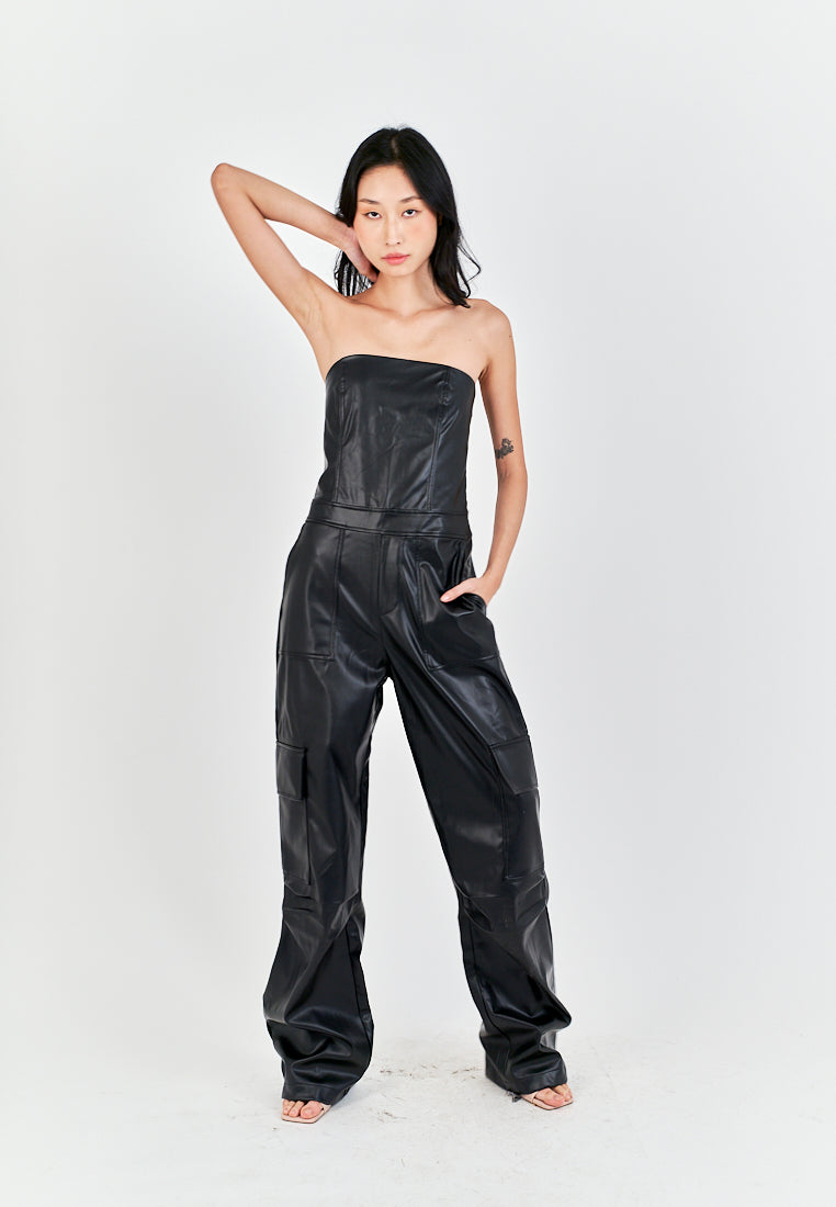 Seymour Black Leather Sleeveless Side Zipper with Pockets Tube Jumpsuit