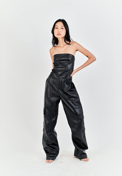 Seymour Black Leather Sleeveless Side Zipper with Pockets Tube Jumpsuit