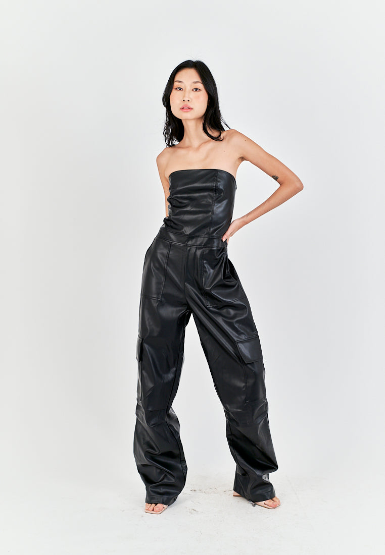 Seymour Black Leather Sleeveless Side Zipper with Pockets Tube Jumpsuit