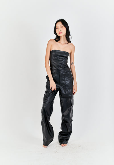 Seymour Black Leather Sleeveless Side Zipper with Pockets Tube Jumpsuit