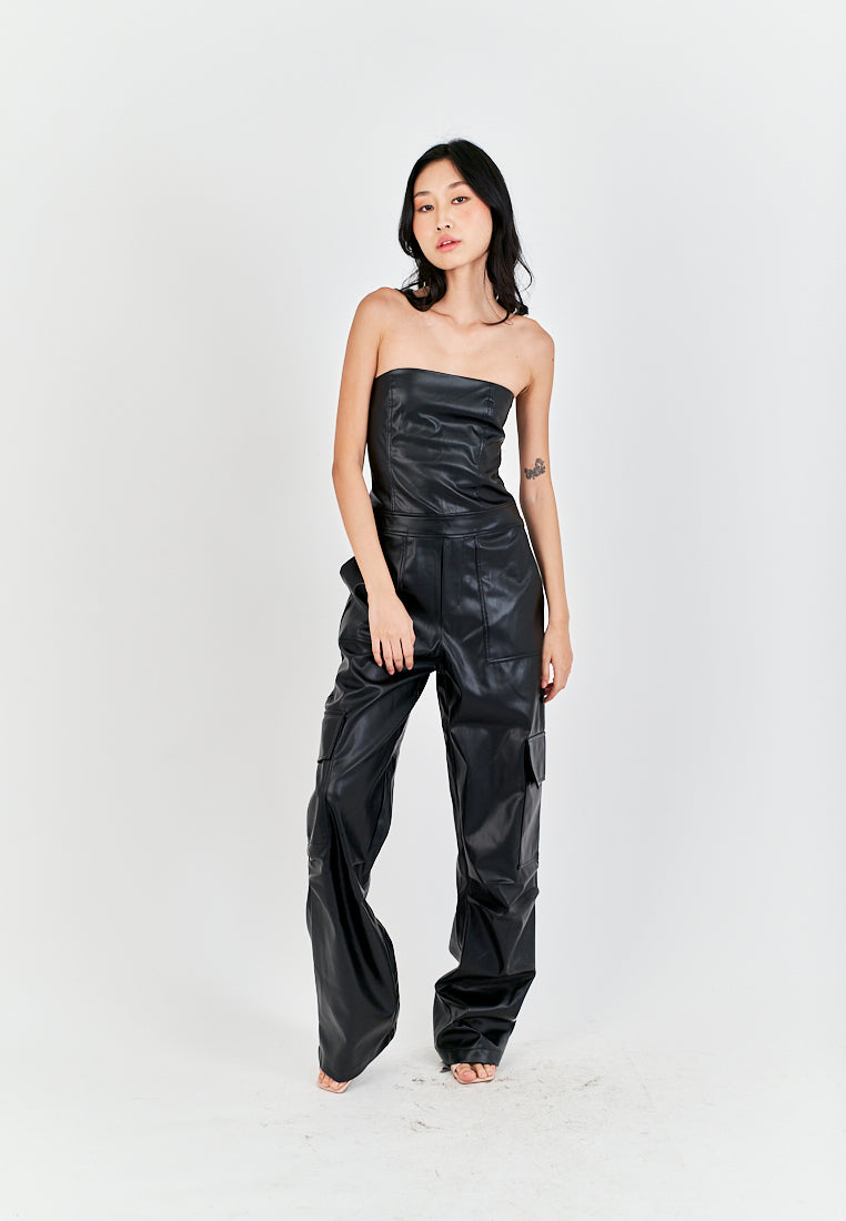 Seymour Black Leather Sleeveless Side Zipper with Pockets Tube Jumpsuit