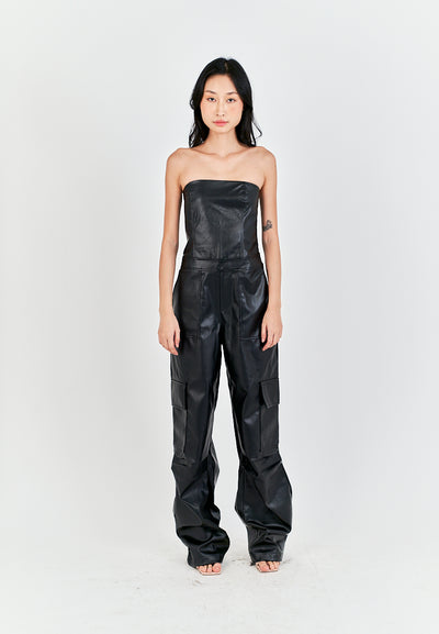Seymour Black Leather Sleeveless Side Zipper with Pockets Tube Jumpsuit