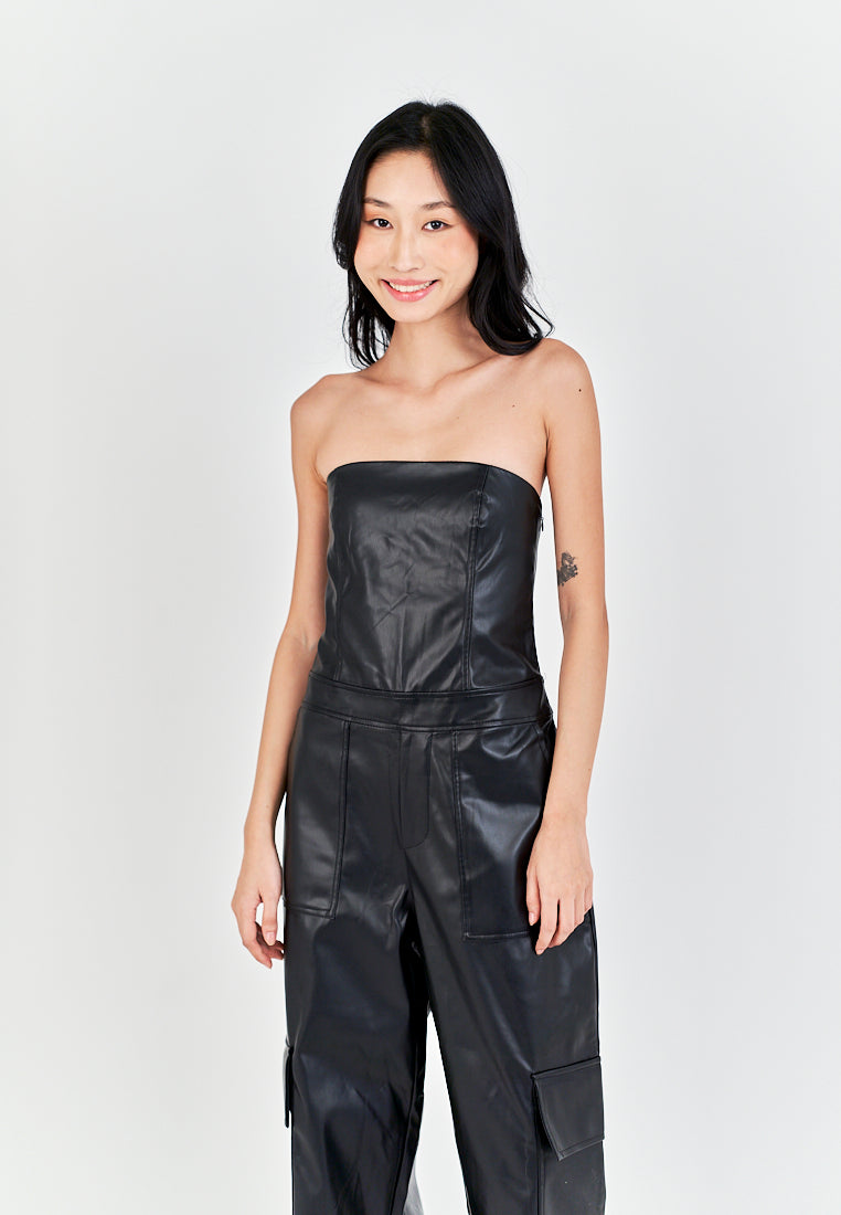 Seymour Black Leather Sleeveless Side Zipper with Pockets Tube Jumpsuit