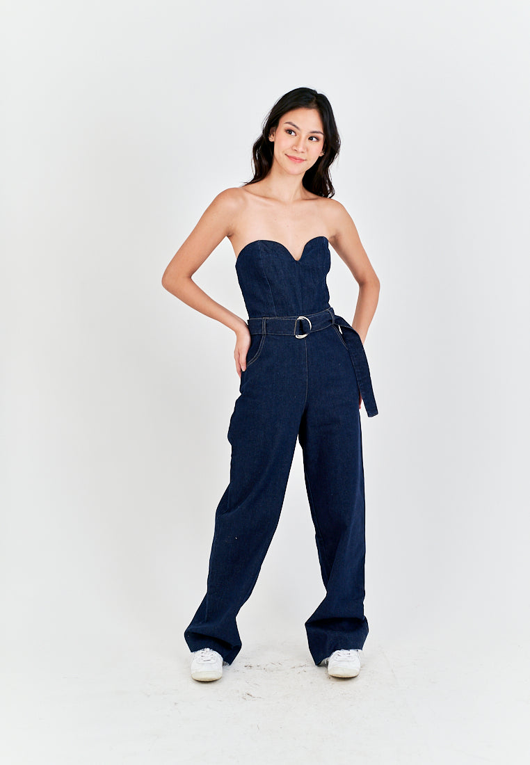 Chester Dark Blue Sweetheart Neckline Multi Pockets Back Zipper with Belt Tube Jumpsuit