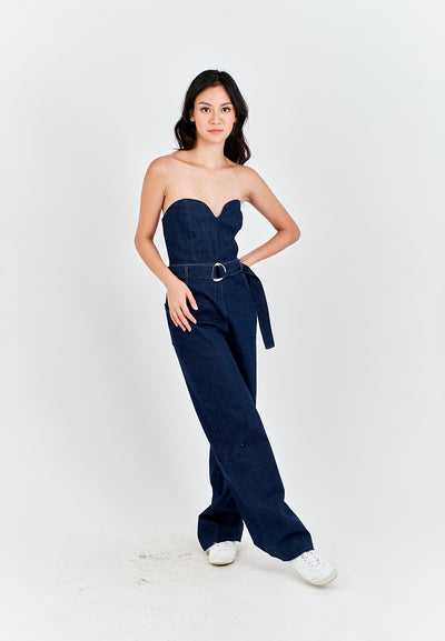 Chester Dark Blue Sweetheart Neckline Multi Pockets Back Zipper with Belt Tube Jumpsuit