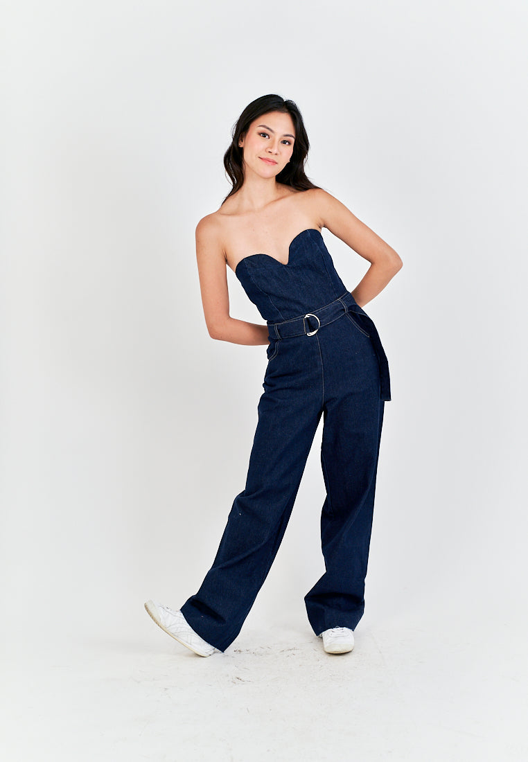 Chester Dark Blue Sweetheart Neckline Multi Pockets Back Zipper with Belt Tube Jumpsuit