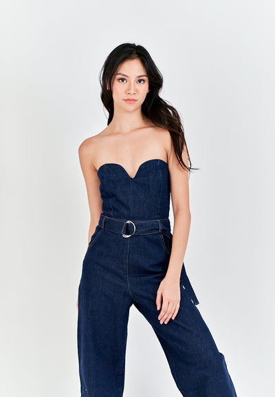 Chester Dark Blue Sweetheart Neckline Multi Pockets Back Zipper with Belt Tube Jumpsuit