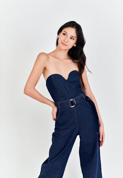 Chester Dark Blue Sweetheart Neckline Multi Pockets Back Zipper with Belt Tube Jumpsuit