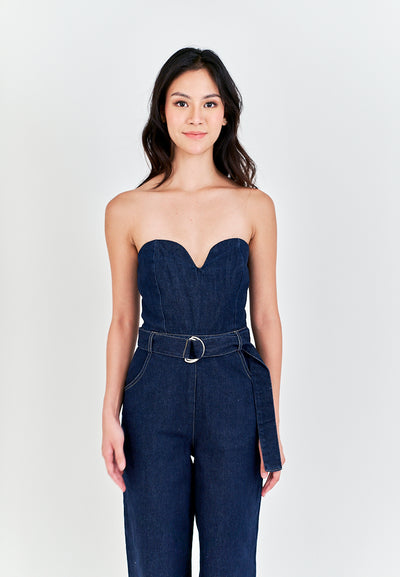 Chester Dark Blue Sweetheart Neckline Multi Pockets Back Zipper with Belt Tube Jumpsuit