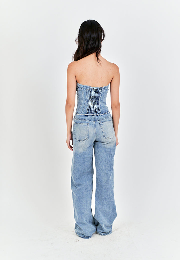 Conan Light Blue Denim Buttons Up Smocked Back Multi-Pockets Tube Jumpsuit