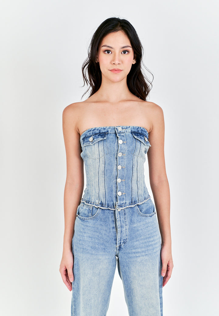 Conan Light Blue Denim Buttons Up Smocked Back Multi-Pockets Tube Jumpsuit