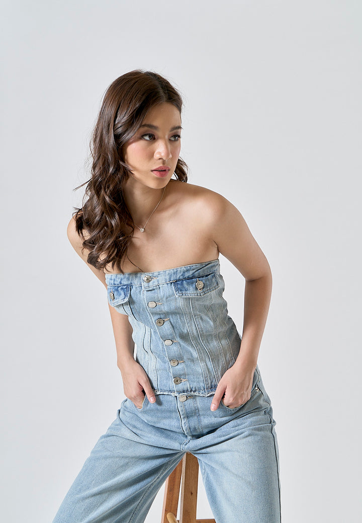 Conan Light Blue Denim Buttons Up Smocked Back Multi-Pockets Tube Jumpsuit