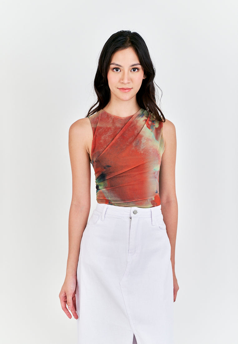 Xania Multi Color Tie Dye Crew Neckline Pleated Side Mesh Sleeveless Bodysuit