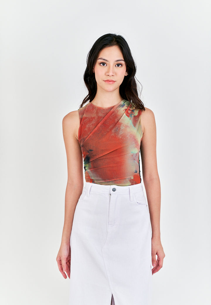 Xania Multi Color Tie Dye Crew Neckline Pleated Side Mesh Sleeveless Bodysuit