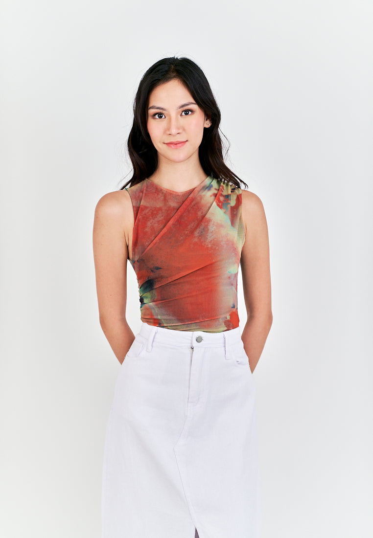 Xania Multi Color Tie Dye Crew Neckline Pleated Side Mesh Sleeveless Bodysuit