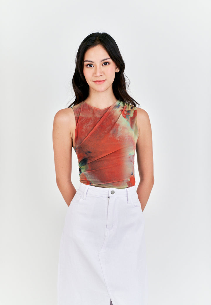 Xania Multi Color Tie Dye Crew Neckline Pleated Side Mesh Sleeveless Bodysuit