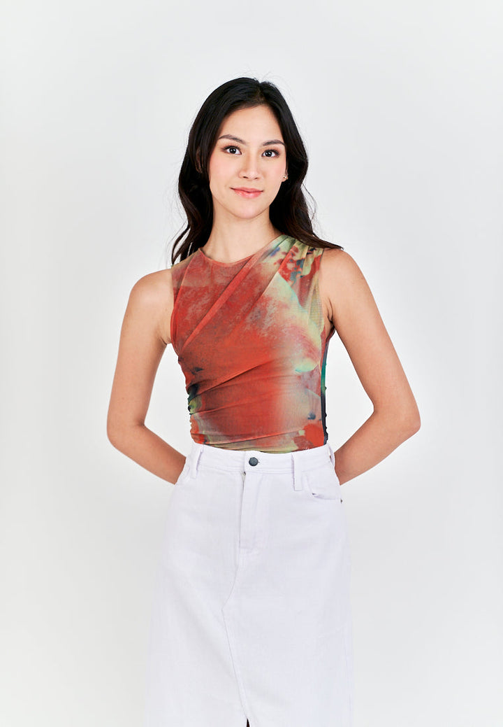 Xania Multi Color Tie Dye Crew Neckline Pleated Side Mesh Sleeveless Bodysuit