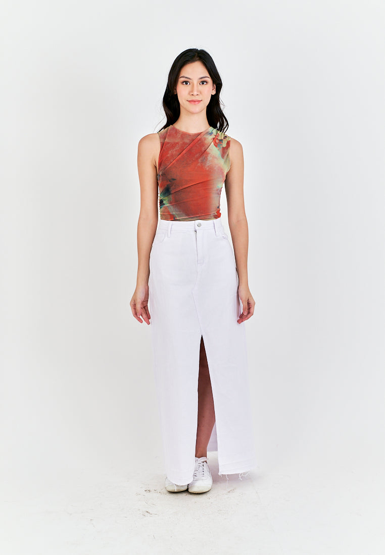 Xania Multi Color Tie Dye Crew Neckline Pleated Side Mesh Sleeveless Bodysuit