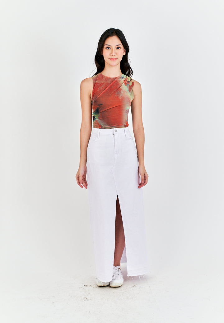 Xania Multi Color Tie Dye Crew Neckline Pleated Side Mesh Sleeveless Bodysuit