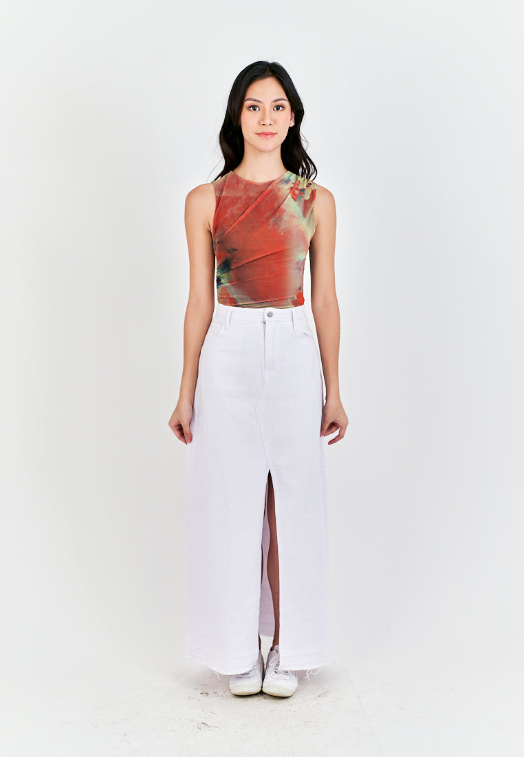 Xania Multi Color Tie Dye Crew Neckline Pleated Side Mesh Sleeveless Bodysuit