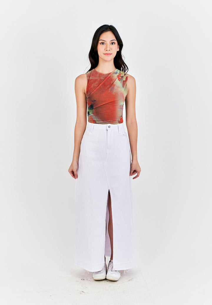 Xania Multi Color Tie Dye Crew Neckline Pleated Side Mesh Sleeveless Bodysuit