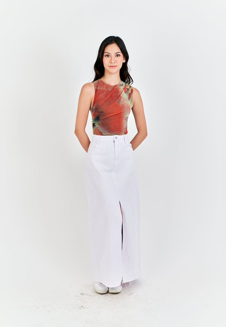 Xania Multi Color Tie Dye Crew Neckline Pleated Side Mesh Sleeveless Bodysuit