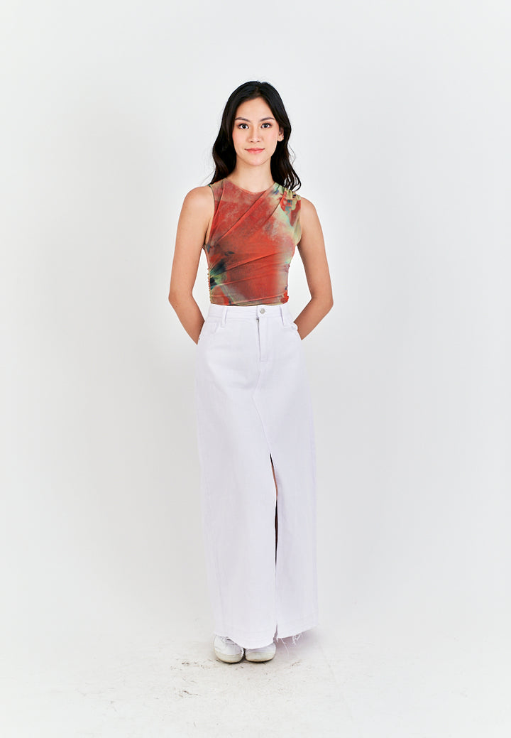 Xania Multi Color Tie Dye Crew Neckline Pleated Side Mesh Sleeveless Bodysuit