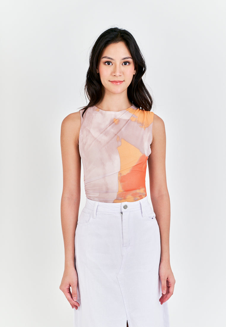 Xania  Beige Tie Dye Crew Neckline Pleated Side Mesh Sleeveless Bodysuit