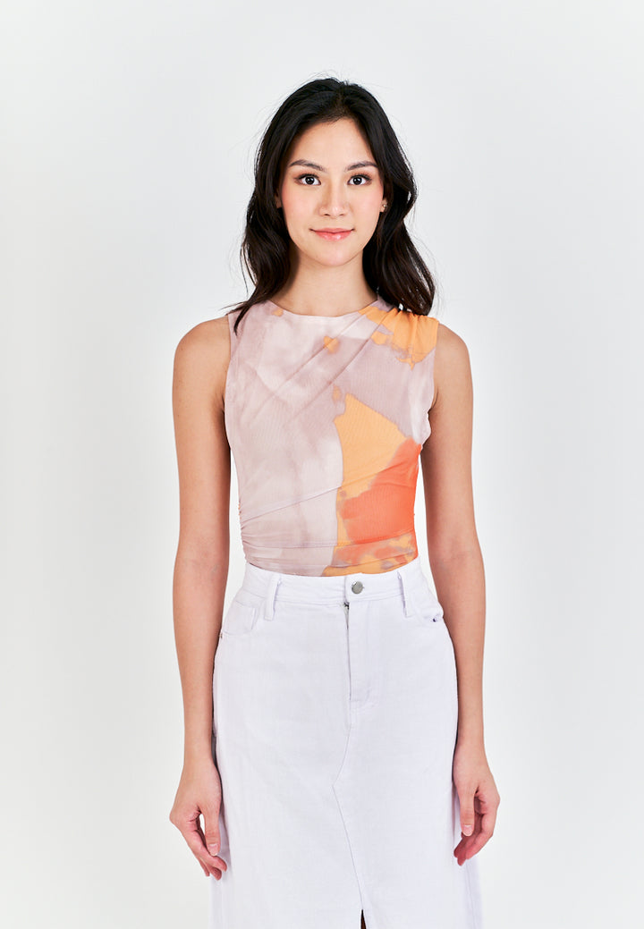 Xania  Beige Tie Dye Crew Neckline Pleated Side Mesh Sleeveless Bodysuit