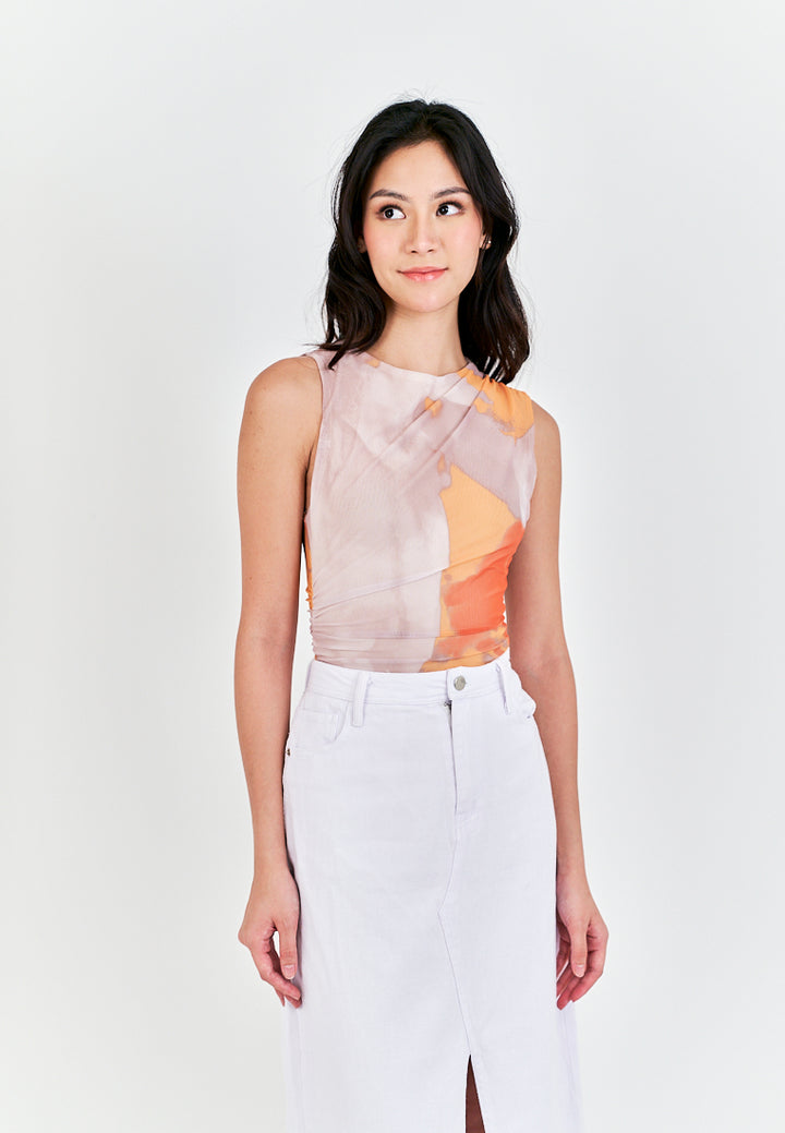 Xania  Beige Tie Dye Crew Neckline Pleated Side Mesh Sleeveless Bodysuit