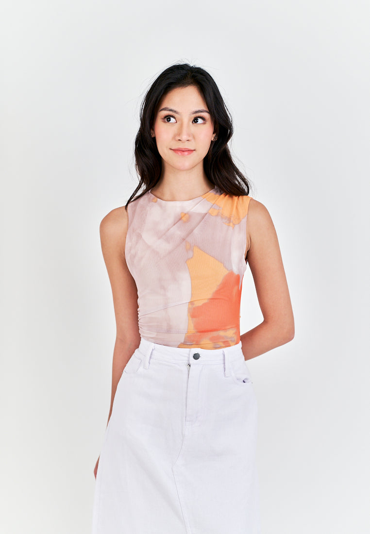 Xania  Beige Tie Dye Crew Neckline Pleated Side Mesh Sleeveless Bodysuit
