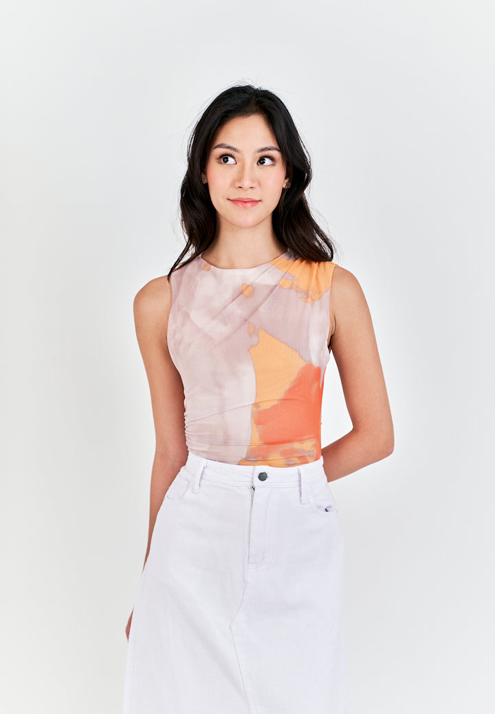 Xania  Beige Tie Dye Crew Neckline Pleated Side Mesh Sleeveless Bodysuit