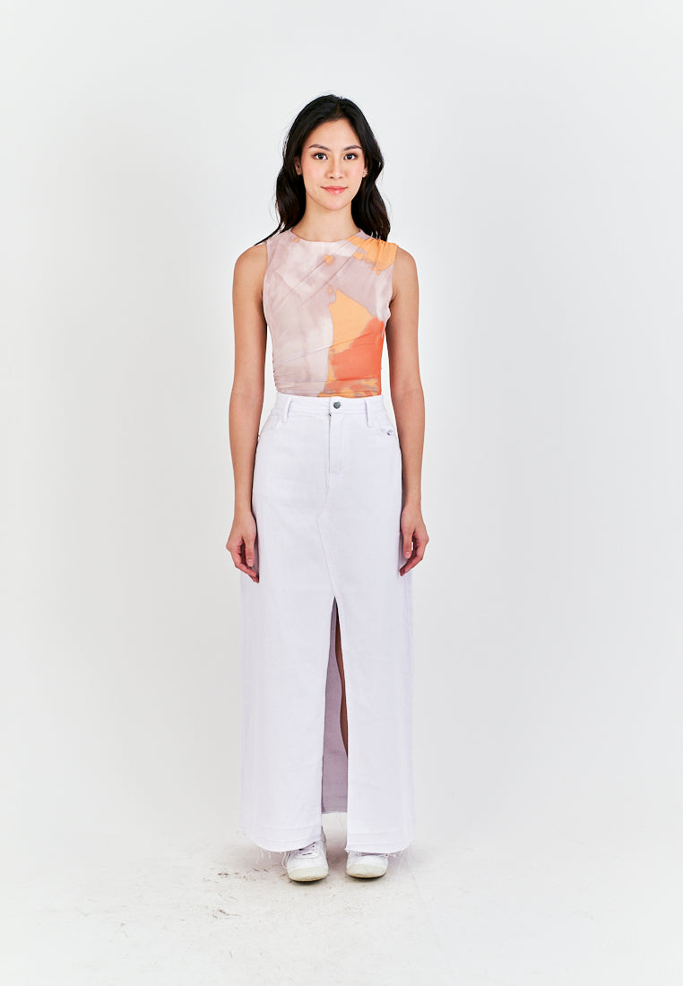 Xania  Beige Tie Dye Crew Neckline Pleated Side Mesh Sleeveless Bodysuit