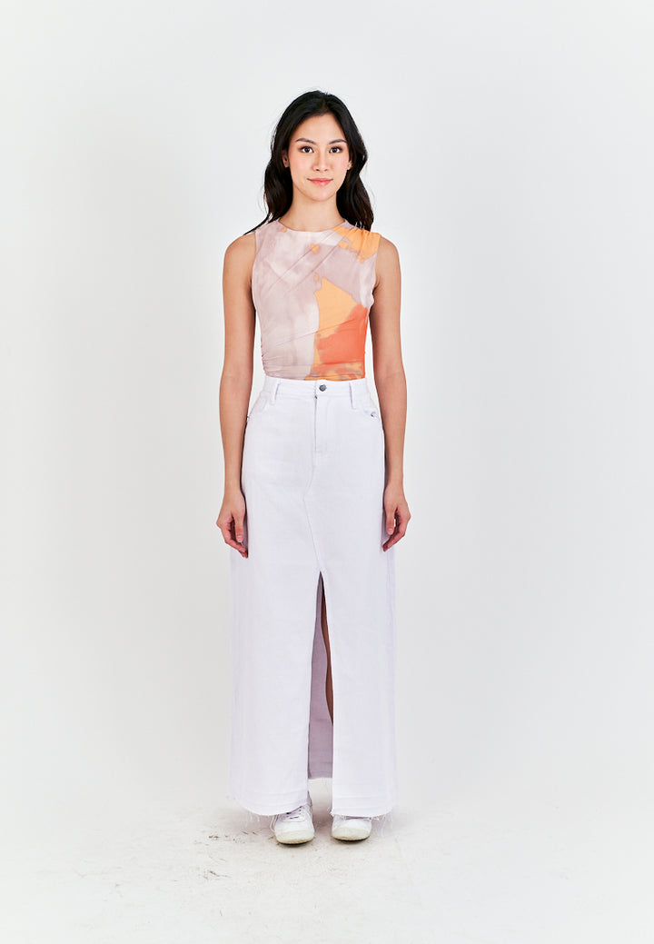 Xania  Beige Tie Dye Crew Neckline Pleated Side Mesh Sleeveless Bodysuit